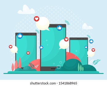 Like concept for social networks with gadgets smartphones. Hand with thumb up. Vector illustration in cartoon style. Retro.