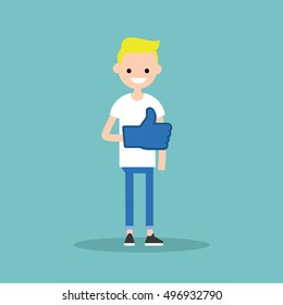 Like concept. Teenage blond boy wearing foam finger / editable flat vector illustration