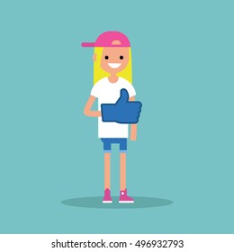 Like concept. Teenage blond girl wearing foam finger / editable flat vector illustration