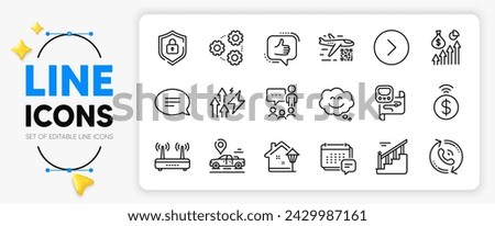 Like, Contactless payment and Salary line icons set for app include Stairs, Smile chat, People chatting outline thin icon. Qr code, Call center, Message pictogram icon. Chat, Forward, Shield. Vector