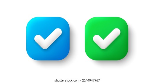 Like or correct icon isolated white background. Checkmark 3d button for mobile app. Confirm checklist web icon. 3d check button for mobile app. Ok, success or right choice. Render vector