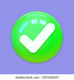 Like or correct symbol icon isolated purple background, checkmark button, mobile app icon. 3d vector illustration