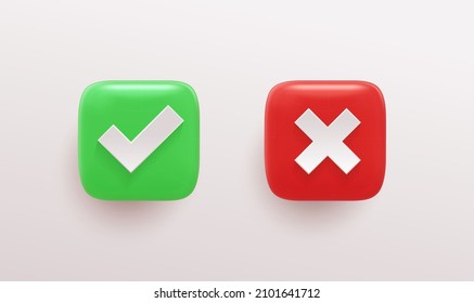 Like or correct symbol and wrong character, prohibition symbol icon. Green and red sticker. Checkmark button, mobile app icon. Realistic 3d vector illustration. Isolated on white background.