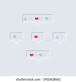 Like counter icon. Notification counter badge. Social media set notifications icons: like, follower, comment. Neumorphism icons. Vector illustration. EPS10