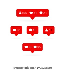Como un icono de contador. Insignia del contador de notificaciones. Iconos de notificaciones de redes sociales: como, seguidor, comenta.