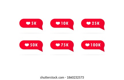 Como un icono de contador. Símbolo de burbuja de voz de notificación. Red Heart como, nueva burbuja de mensajes, solicitud de amistad cantidad de notificaciones número de solicitudes plantillas de iconos. Signo de burbuja de voz. Iconos de aplicaciones de redes sociales.