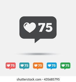 Like counter icon. Notification speech bubble symbol. Graphic element on white background. Colour clean flat like counter icons. Vector