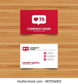 Like counter icon. Notification speech bubble symbol. Business card template with phone, globe and pointer icons. Visiting card design. Vector