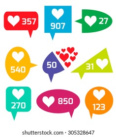  Like Counter. Notification Icons. Buttons with counter on ribbons and labels network and communication, web and internet, design. Vector illustration