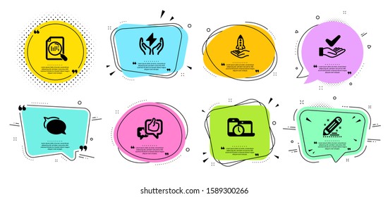 Like, Dermatologically tested and Search file line icons set. Chat bubbles with quotes. Talk bubble, Brand contract and Crowdfunding signs. Safe energy, Time management symbols. Vector