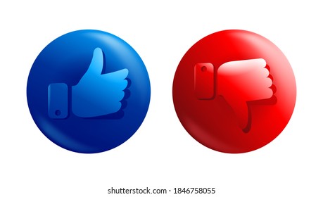 Like and dislike 3D icon - positive and negative sign with thumbs up and down - isolated vector pictograms