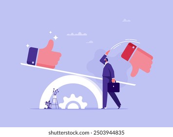 Like and dislike balance concept, businessman with like and dislike symbols balance on the scales and  rejection dislike symbol on the scales out