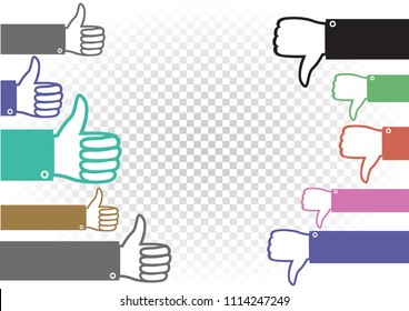 like and dislike battle illustration. Followers and haters war. Hand palm with raised upward and down thumb finger on white transparent background. Good well and bad evaluation of the concept or idea