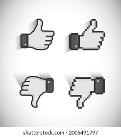 Como Y Desagradar En Blanco Y Negro, Vista Pixelada Y Vista Vectorial. Thumbs Up Y Thumbs Down Icon. Como. Mostrar icono