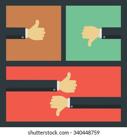 Like and dislike business concepts. Businessmen hands with thumbs up and thumbs down gestures.