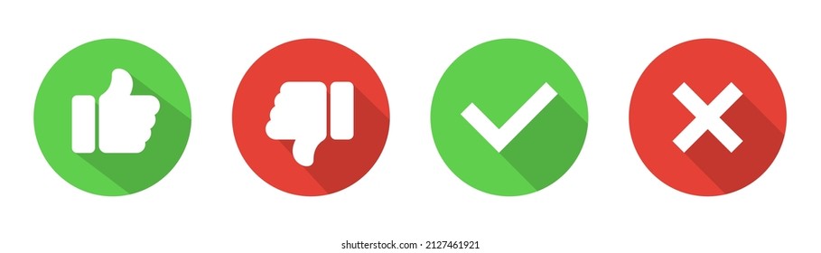 Like and dislike button. Green checkmark tick. Red cross button. Thumb up and thumb down. Like and dislike symbol in circle. Checkmark tick in green. Stock vector