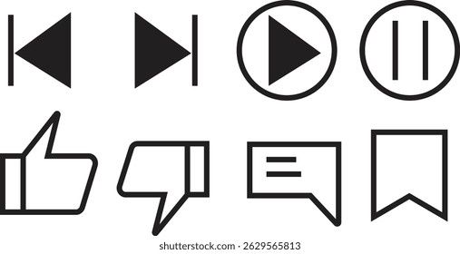 like and dislike button , save, comments, play and on off, previous and next vector icon set