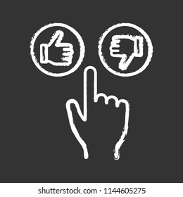 Like and dislike buttons click chalk icon. Thumbs up and down. Hand pushing button. Isolated vector chalkboard illustrations
