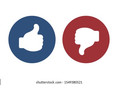 Like and dislike buttons red and blue colors isolated on white background. White finger up and down on a blue circle.