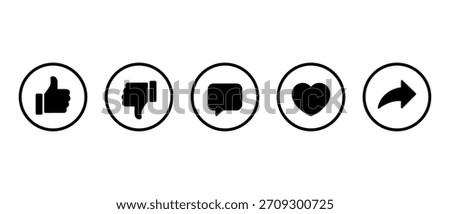 Like, dislike, comment, love, and share icon in circular outline. Thumbs up, down, chat bubble, heart and send arrow symbol