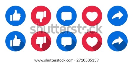 Like, dislike, comment, love, and share icon with long shadow. Thumbs up, down, chat bubble, heart and send arrow symbol