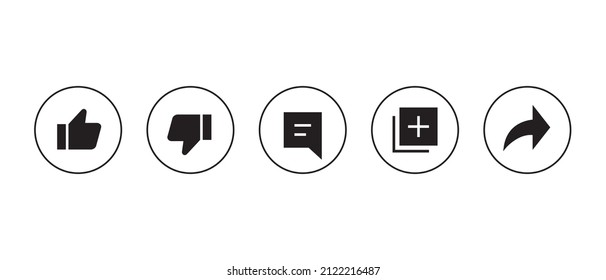 Like, Dislike, Comment, Save, and Share Icon Vector. Streaming Video Channel Icons