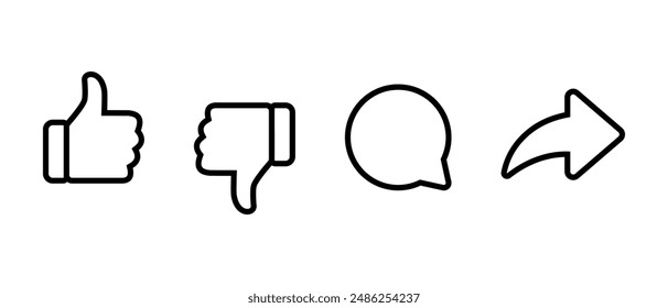 Like, dislike, comment, and share icon in line style. Social media elements