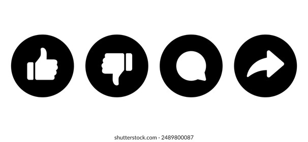 Like, dislike, comment, and share icon on black circle