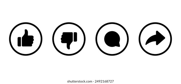 Icono de Me gusta, No me gusta, Comentar y Compartir en la línea circular