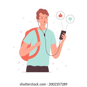 Like Dislike Concept. Man Holding Smartphone And Thinking. Boy Listen Music Online Or Podcast, Choose Action In Social Media Vector Concept