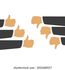 Like and Dislike Confrontation. Group of thumbs up and down in flat style. Concept for user feedback for social network. Vector illustration. EPS 10. 
