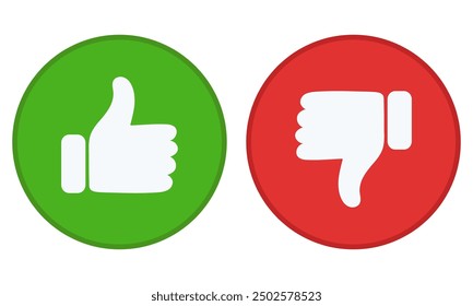 Me gusta y no me gusta el icono plano establecido en círculo verde y rojo aislado sobre fondo blanco.