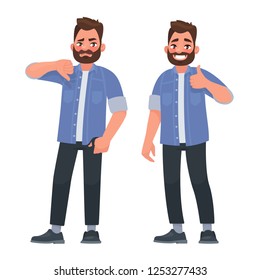 Like and dislike. Good and bad. A man shows a gesture of approval and disapproval. Vector illustration in cartoon style.