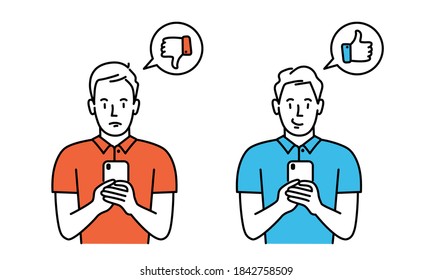 Like and dislike. Good and bad. Man give review rating and feedback. Vector illustration.