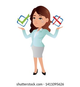 Like and dislike. Good and bad. A woman thinks or shows a gesture of approval and disapproval