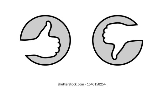 Like and dislike graphic icons. Buttons with hand finger up and hand finger down. Round marks Isolated on white background. Vector illustration