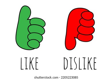 Like and Dislike. Green Hand Thumb Up and  Red hand Thumb Down. Doodle style Vector icons.