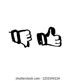 Like and dislike grunge icon. Thumb up and down. Negative and positive brush sign. Vector ink illustration.