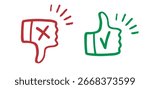 like and dislike hand drawn doodle icons. Thumbs up and thumbs down crayon chalk drawing vector. Vector illustration