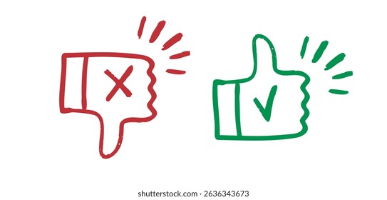like and dislike hand drawn doodle icons. Thumbs up and thumbs down crayon chalk drawing vector. Vector illustration