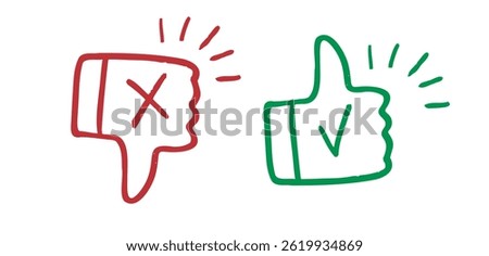 like and dislike hand drawn doodle icons. Thumbs up and thumbs down crayon chalk drawing vector. Vector illustration