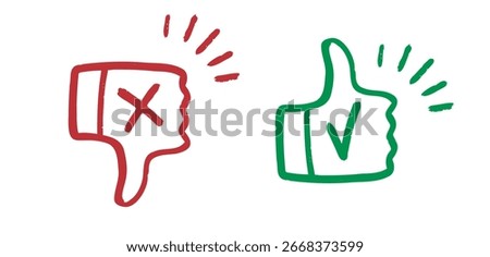 like and dislike hand drawn doodle icons. Thumbs up and thumbs down crayon chalk drawing vector. Vector illustration