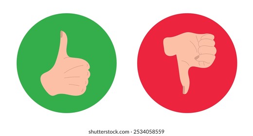 Like and dislike hand gesture on red and green background. Hand drawn vector illustration in flat style. Approve and disapprove concept. Web icon in round shape. Human hand and fingers