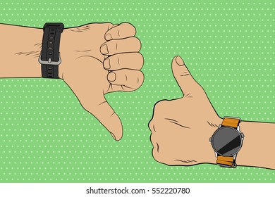 Like dislike hand gestures. Concept of success and defeat in pop art style. Vector