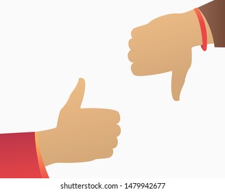 Like and dislike hand gestures. Thumb up, thumb down, isolated on white. Feedback concept. Vector illustration for topics like positive or negative review, customer rate, complaint