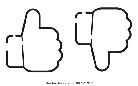 Like and dislike. Hand gestures. Thumb up and down. Yes and no. Thin line icons for web, applications and design. Minimalistic flat style.