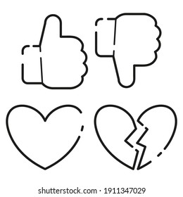 Like and dislike. Hand gestures. Thumb up and down. Yes and no. Whole and broken hearts. A symbol of love and romance. Thin line icons for web, applications and design. Minimalistic flat style. Set.