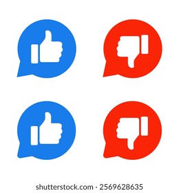 Like and dislike hand icon on speech bubble. Thumb up and down color sign symbol
