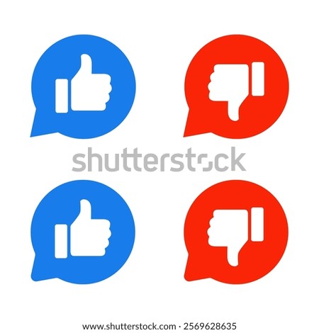 Like and dislike hand icon on speech bubble. Thumb up and down color sign symbol