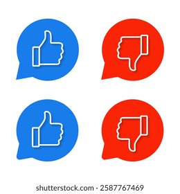 Like and dislike hand outline icon on speech bubble. Thumb up and down with shadow